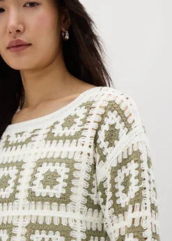 Tops> Papaya Petite Green Crochet Patchwork Jumper
