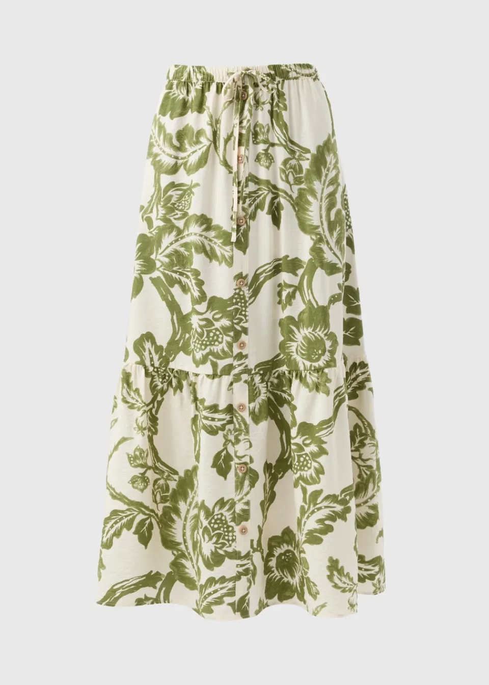 Skirts>Papaya Petite Green Floral Button Front Tiered Skirt