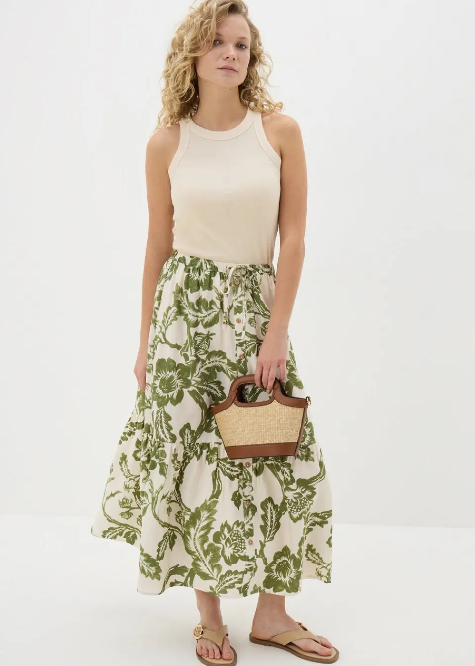 Skirts>Papaya Petite Green Floral Button Front Tiered Skirt