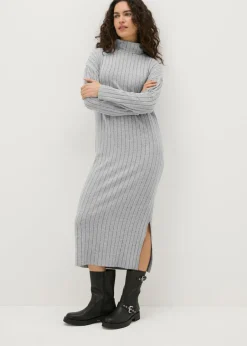 Knitwear>Papaya Petite Grey Ribbed Roll Neck Midi Dress