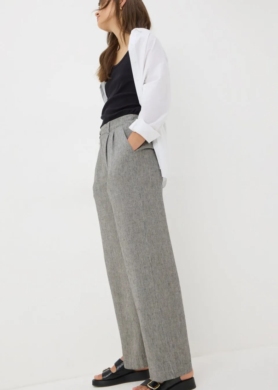 Trousers>Papaya Petite Navy Stripe Linen Blend Wide Leg Trousers