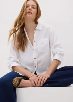 Tops>Papaya Petite White Linen Blend Long Sleeve Shirt