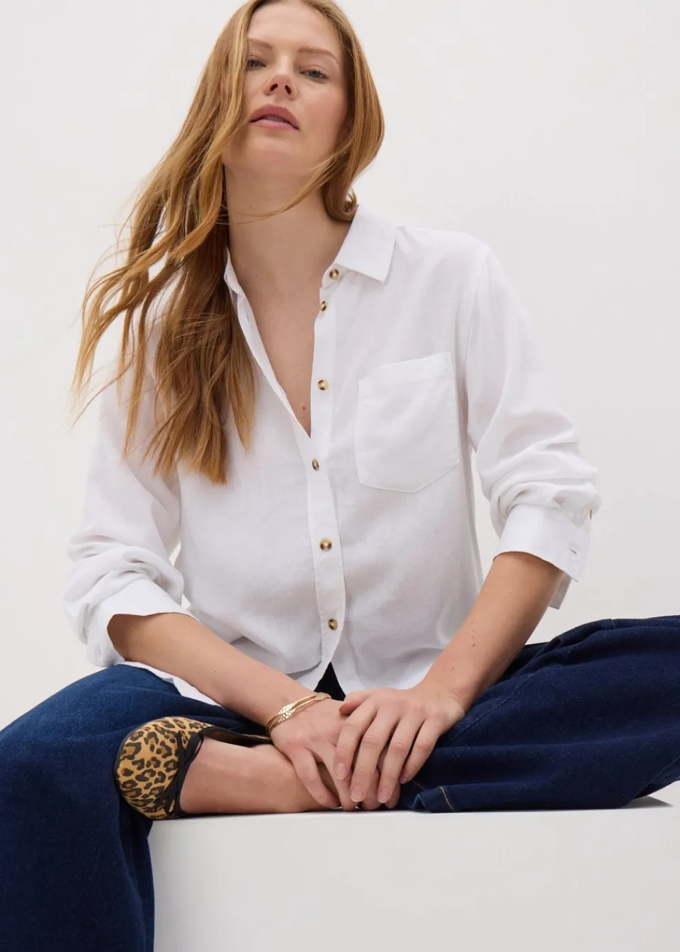 Tops>Papaya Petite White Linen Blend Long Sleeve Shirt