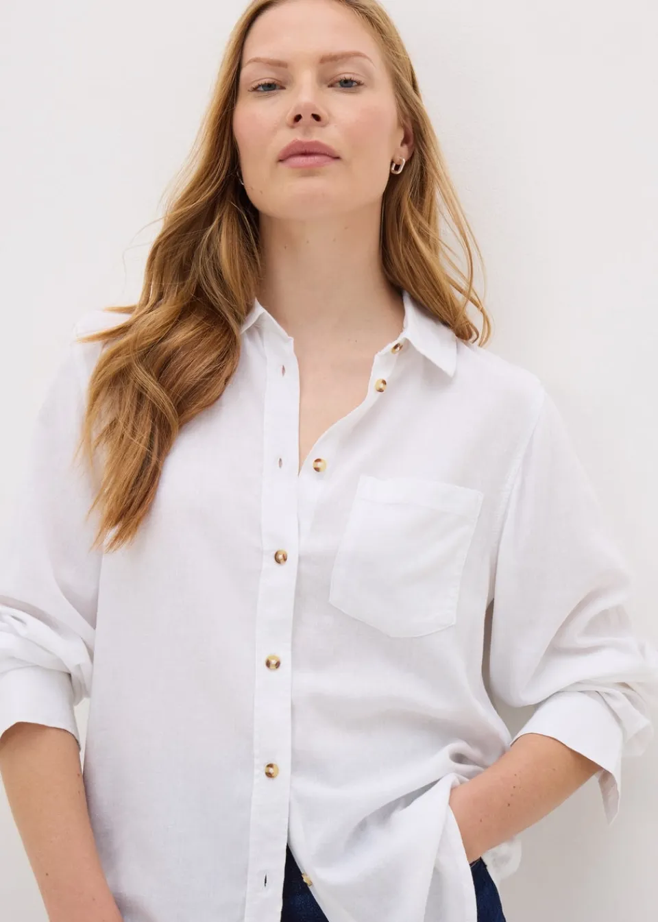 Tops>Papaya Petite White Linen Blend Long Sleeve Shirt