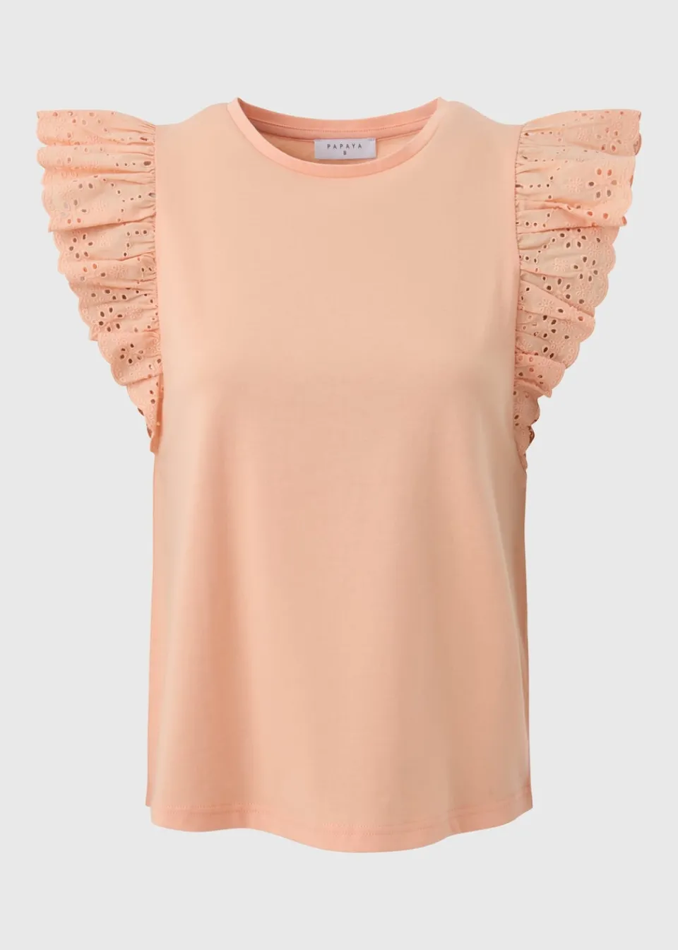 T-Shirts>Papaya Peach Broderie Sleeve T-Shirt