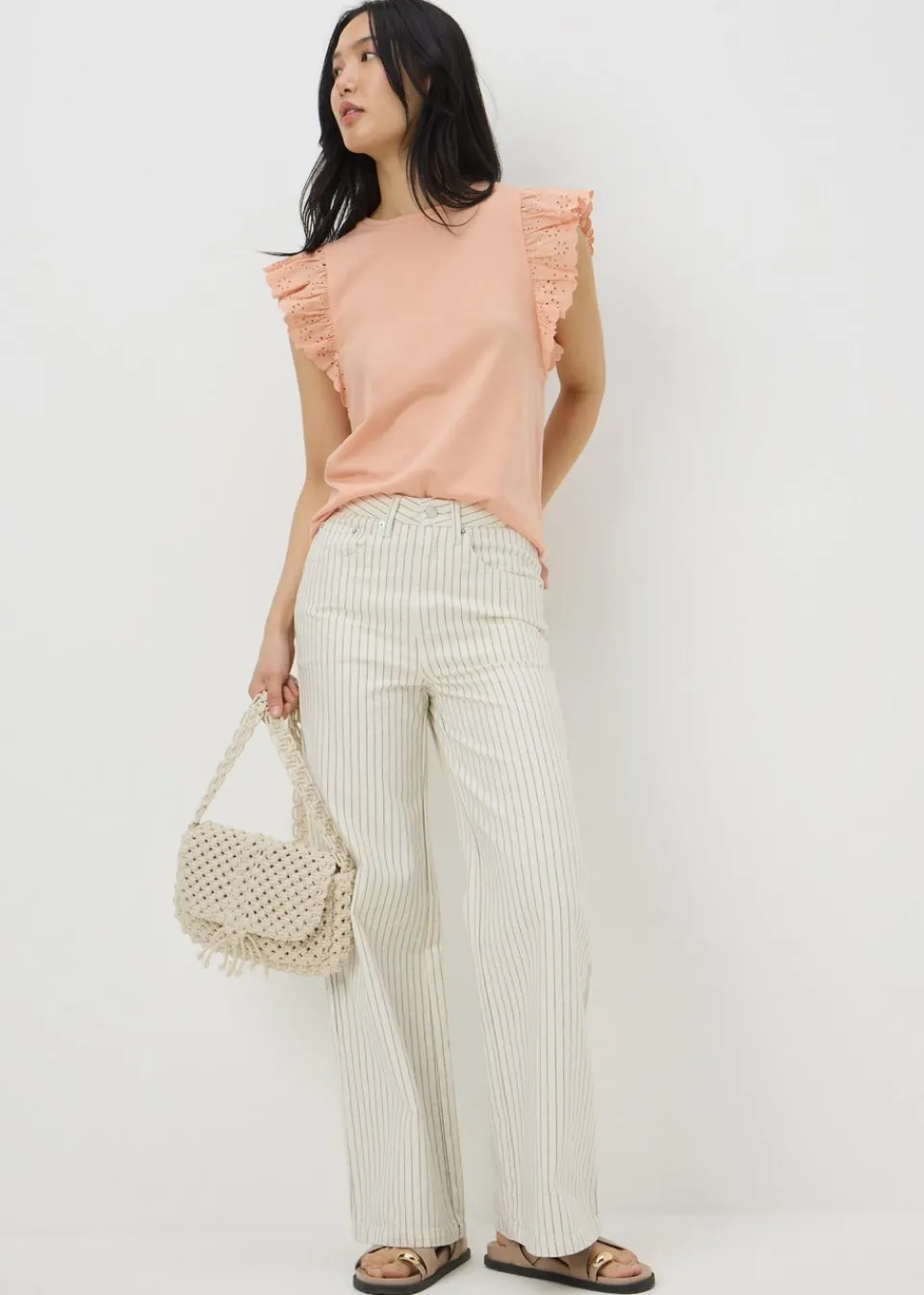 T-Shirts>Papaya Peach Broderie Sleeve T-Shirt