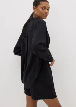 Tops>Papaya Petite Petite Black Linen Blend Shirt