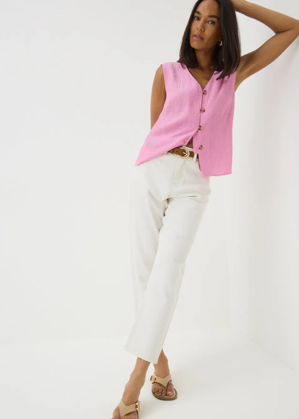 Tops>Papaya Pink Button Front Waistcoat