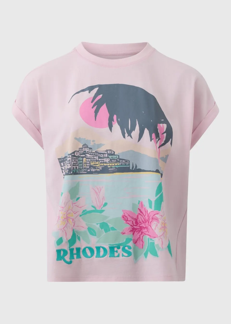 T-Shirts>Papaya Pink Embellished Rhodes Graphic T-Shirt