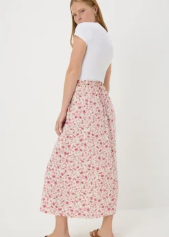 Skirts>Papaya Pink Floral Flared Hem Midi Skirt