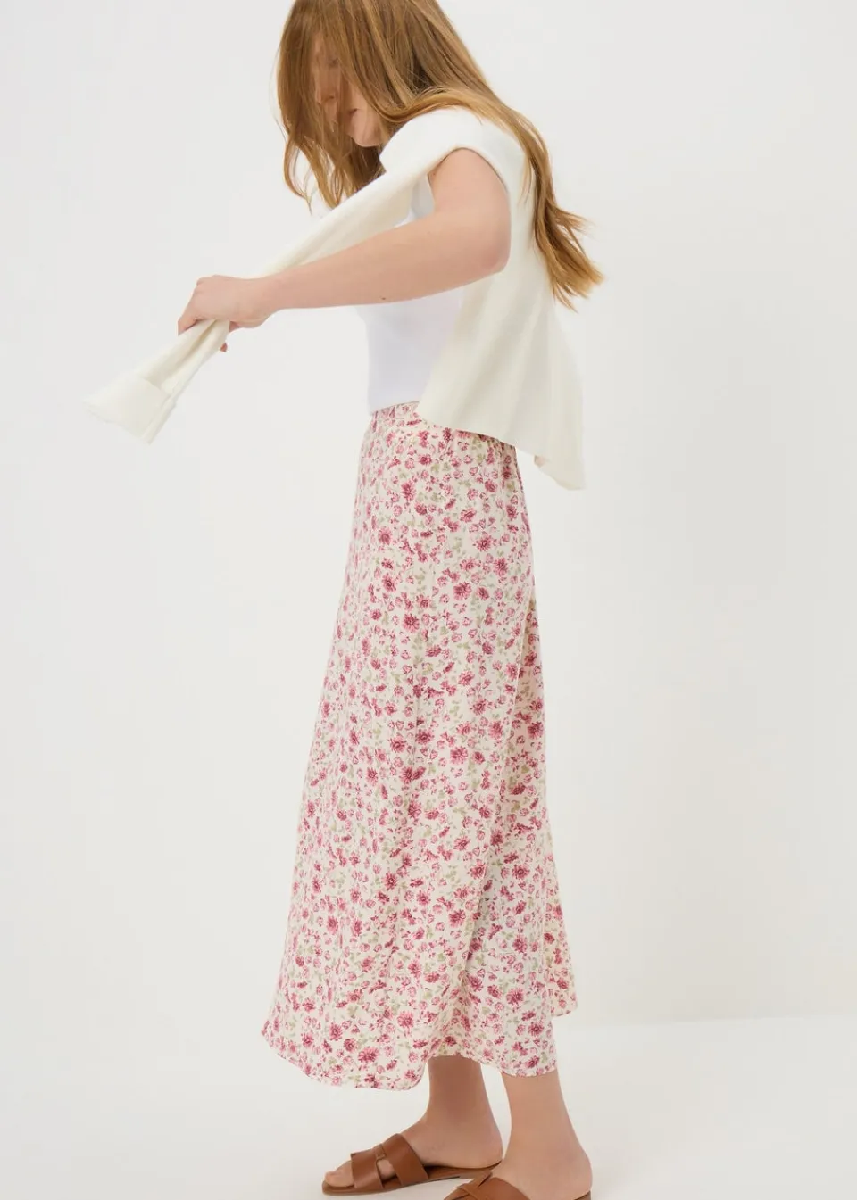 Skirts>Papaya Pink Floral Flared Hem Midi Skirt