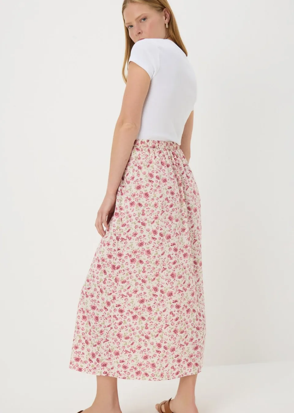 Skirts>Papaya Pink Floral Flared Hem Midi Skirt