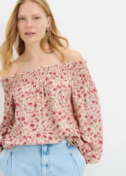 Tops>Papaya Pink Floral Shirred Bardot Top