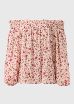 Tops>Papaya Pink Floral Shirred Bardot Top