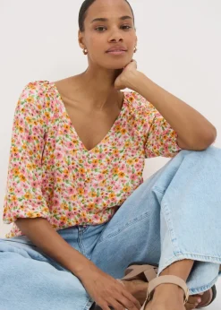 Tops>Papaya Pink Floral Tea Blouse