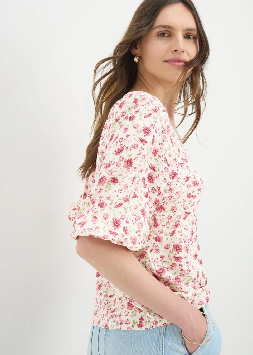 Tops>Papaya Pink Floral Tea Top