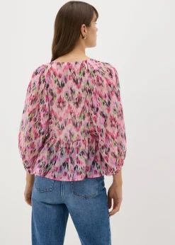 Tops>Papaya Pink Gathered Volume Sleeve Blouse