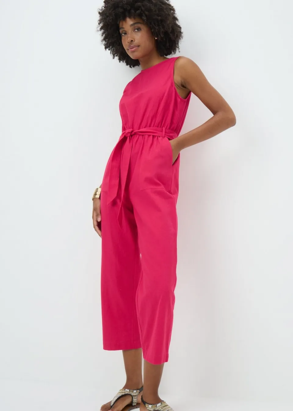 Jumpsuits & Playsuits>Papaya Pink Linen Blend Tie Waist Jumpsuit