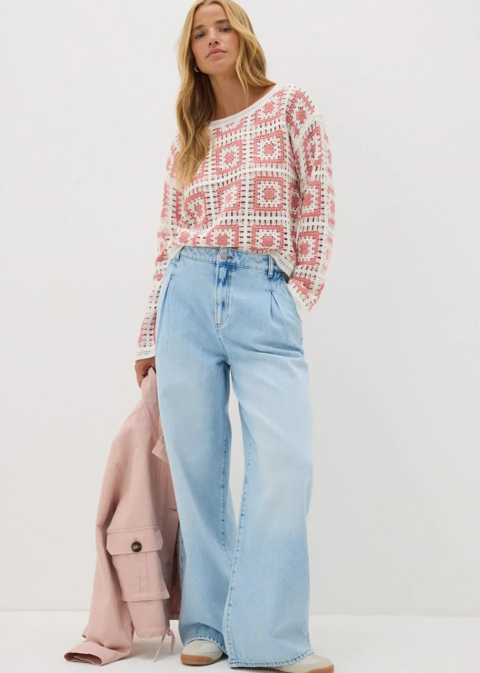 Tops>Papaya Patchwork Crochet Jumper Pink