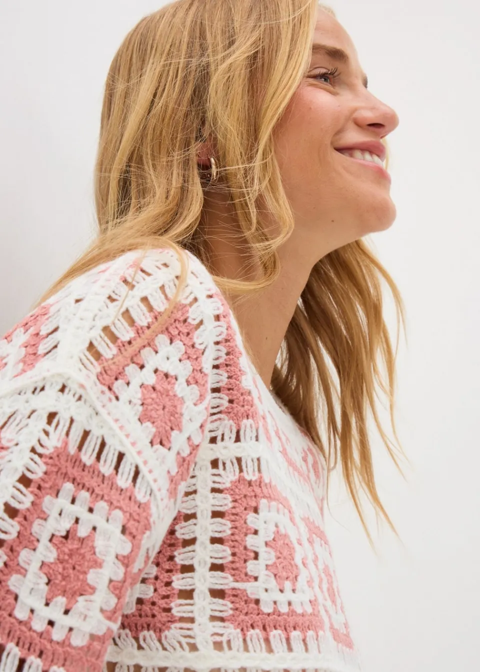 Tops>Papaya Patchwork Crochet Jumper Pink