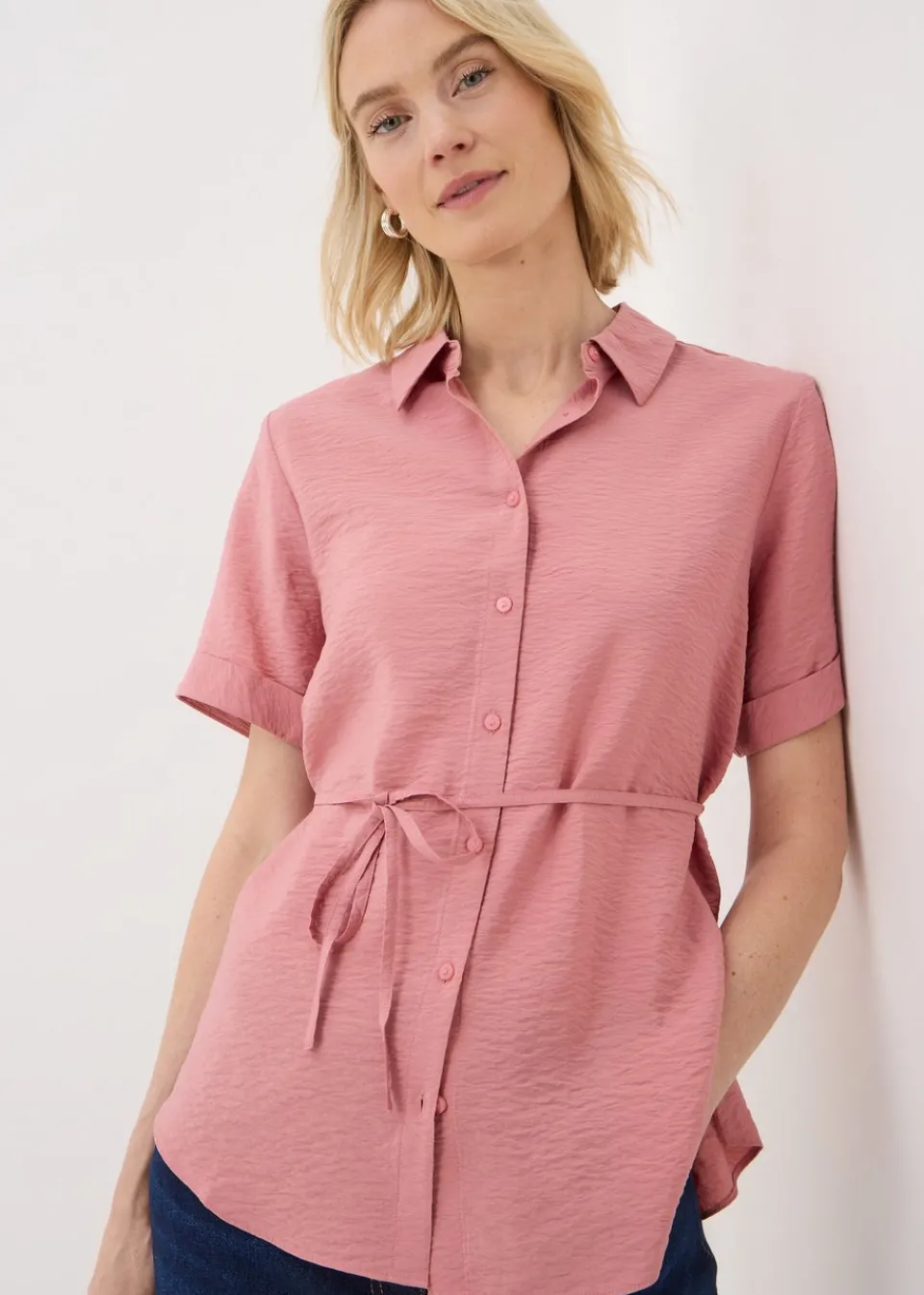 Tops>Papaya Pink Short Sleeve Tie Shirt