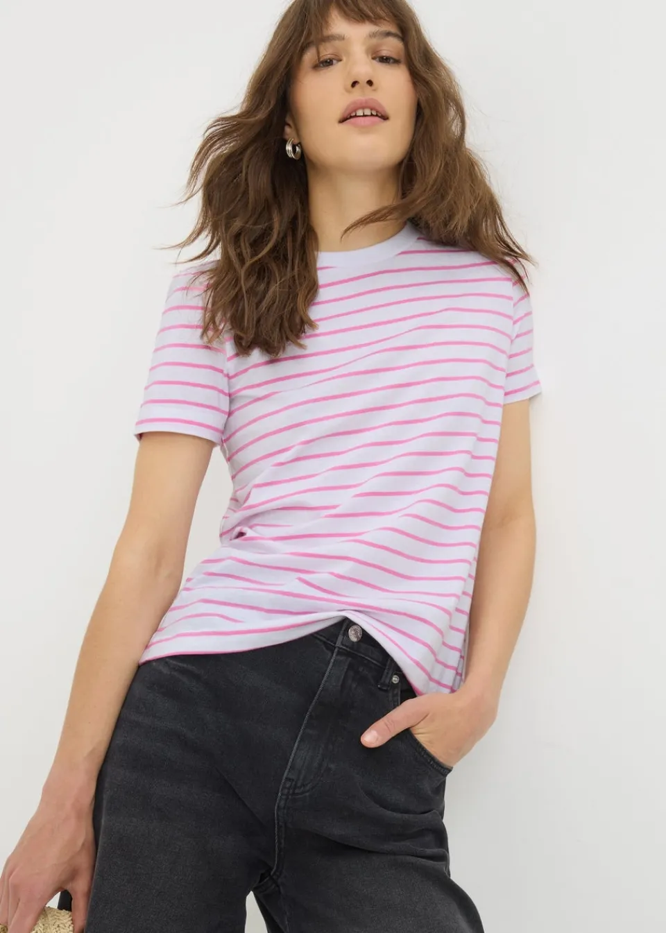 T-Shirts>Papaya Pink Stripe Crew Neck T-Shirt