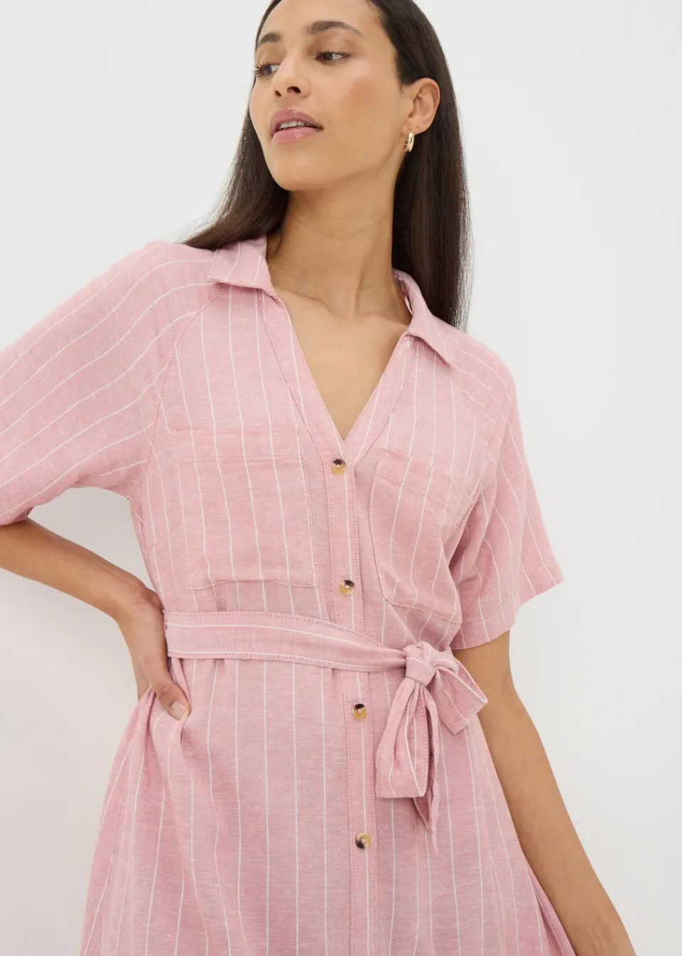Dresses>Papaya Pink Stripe Linen Blend Midi Shirt Dress