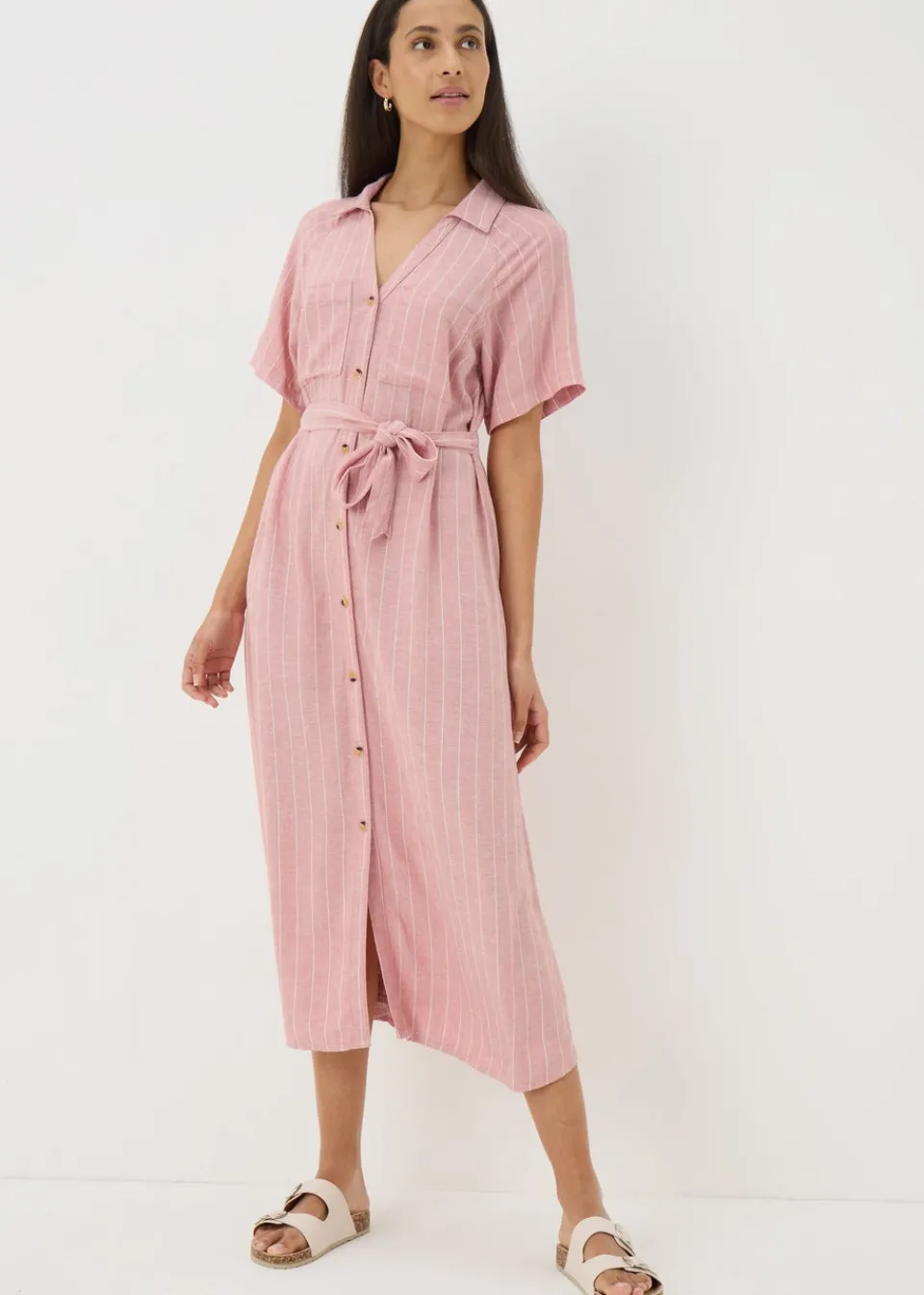 Dresses>Papaya Pink Stripe Linen Blend Midi Shirt Dress