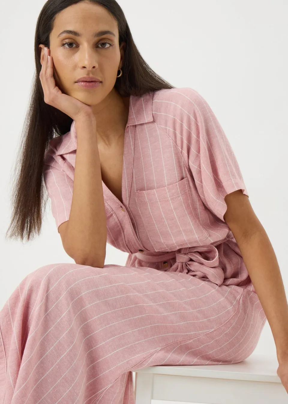 Dresses>Papaya Pink Stripe Linen Blend Midi Shirt Dress