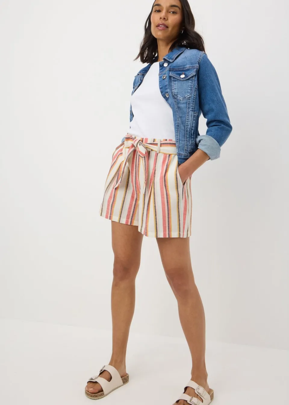 Shorts>Papaya Pink Stripe Linen Blend Tie Shorts