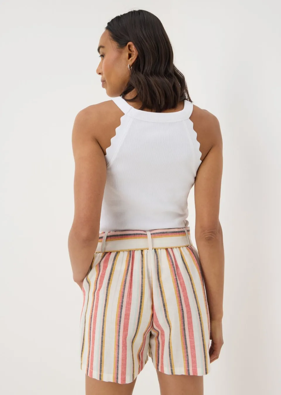 Shorts>Papaya Pink Stripe Linen Blend Tie Shorts