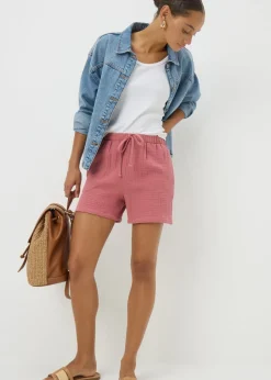 Shorts> Pink Textured Double Cloth Shorts