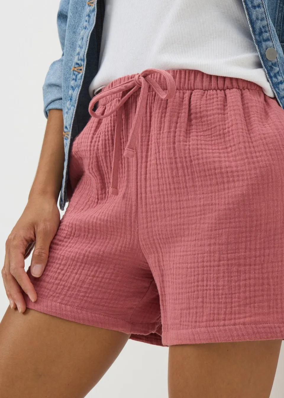 Shorts> Pink Textured Double Cloth Shorts