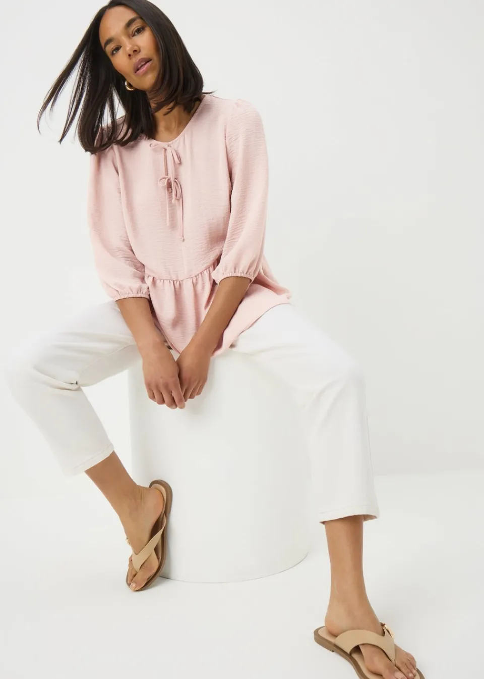 Tops>Papaya Pink Tie Neck Peplum Blouse