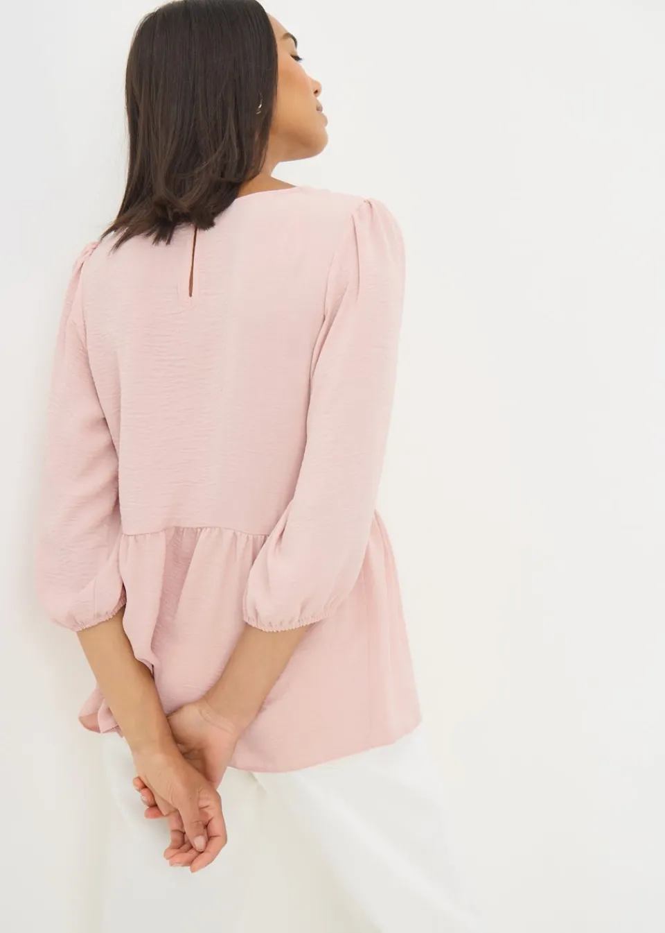 Tops>Papaya Pink Tie Neck Peplum Blouse