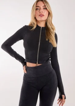 T-Shirts>Pink Vanilla Black Active Rib Double  Zip Top