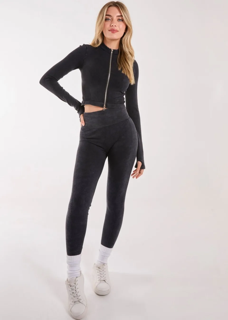 T-Shirts>Pink Vanilla Black Active Rib Double Zip Top