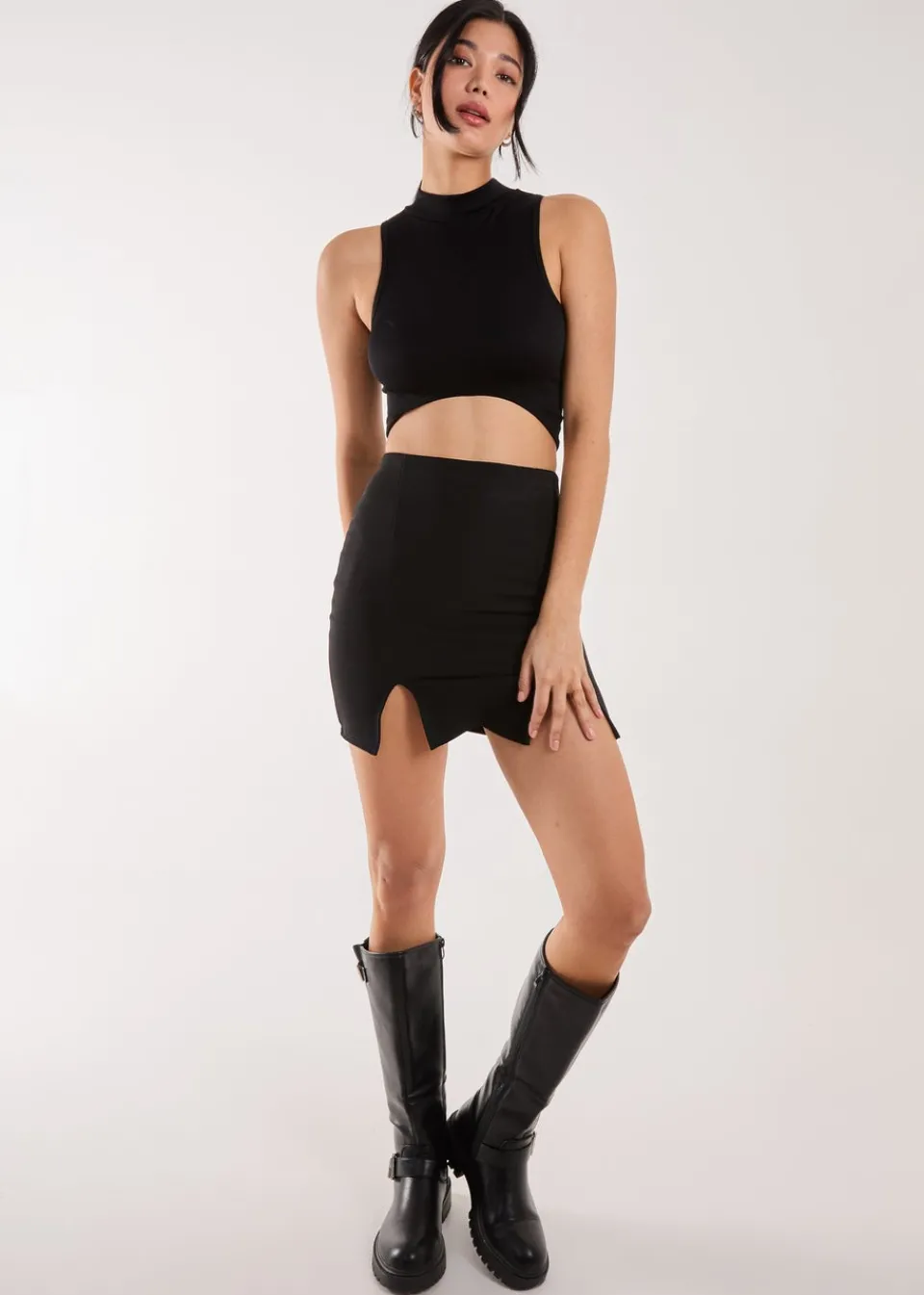 Skirts>Pink Vanilla Black Bandage Double Split Mini Skirt