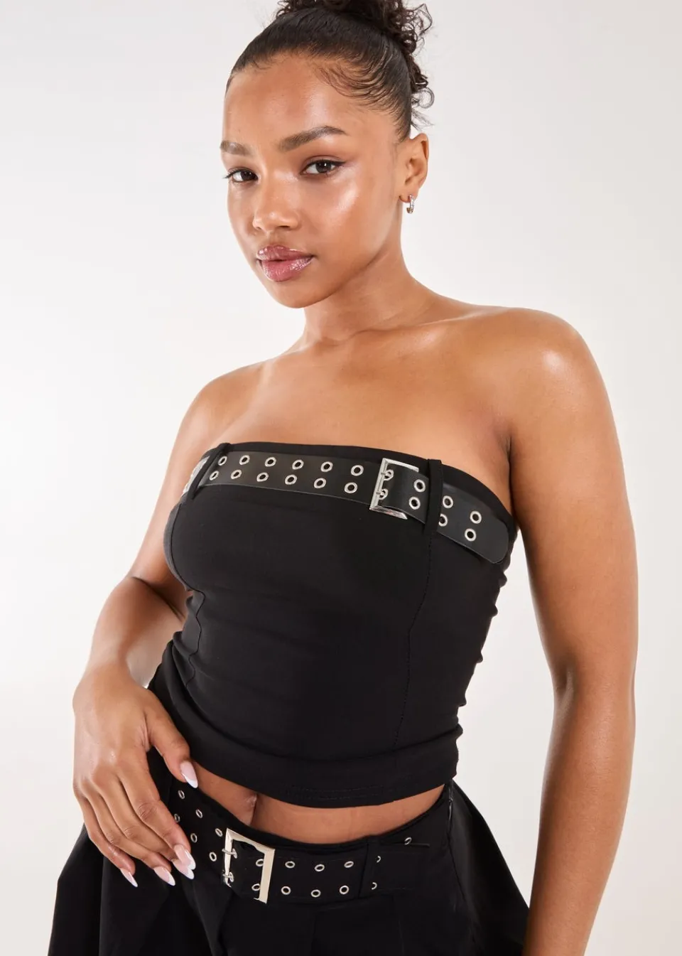 Tops>Pink Vanilla Black Belted Bandeau Top