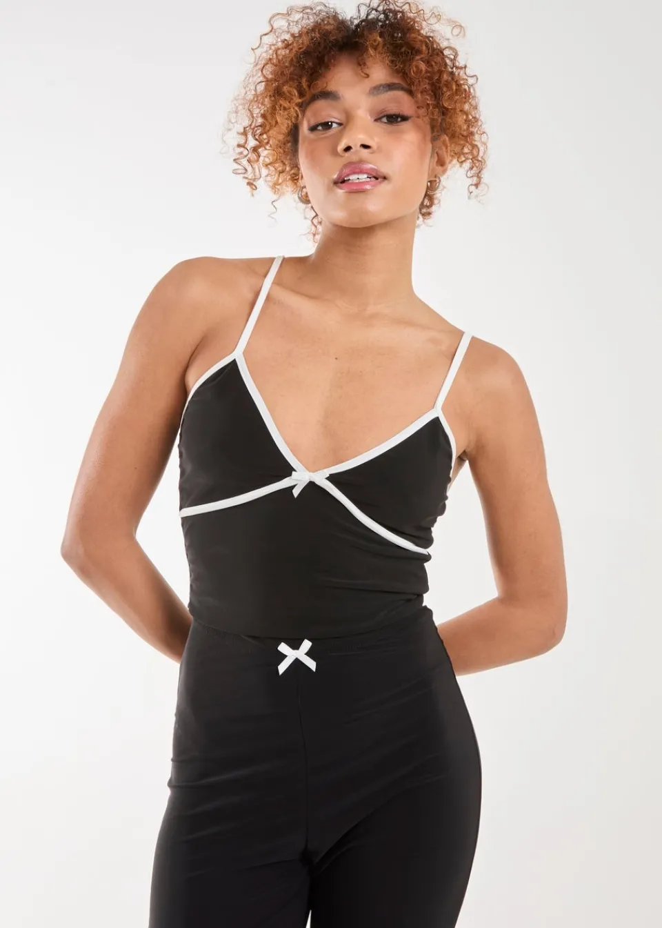 Tops>Pink Vanilla Black Bow Detail Piping Strappy Vest