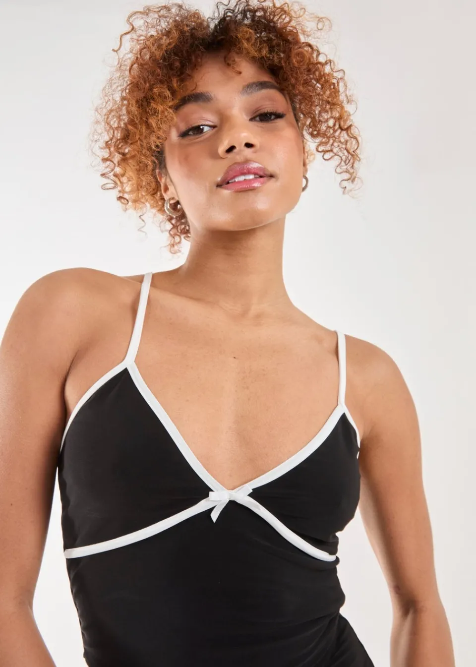 Tops>Pink Vanilla Black Bow Detail Piping Strappy Vest