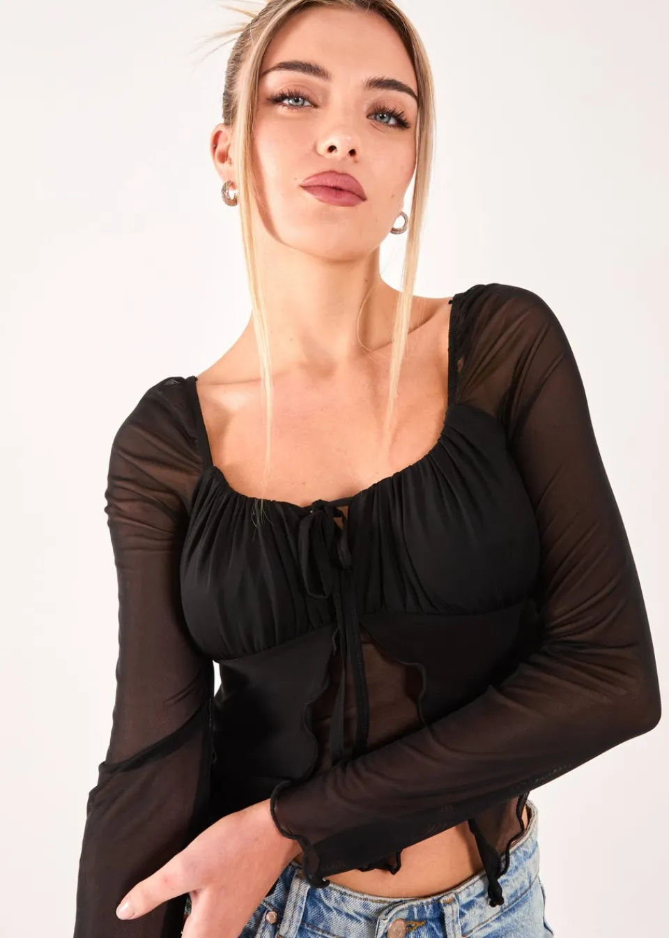 Tops>Pink Vanilla Black Butterfly Long Sleeve Mesh Top