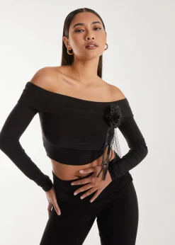 Tops>Pink Vanilla Black Corsage Detail Bardot Long Sleeve Top