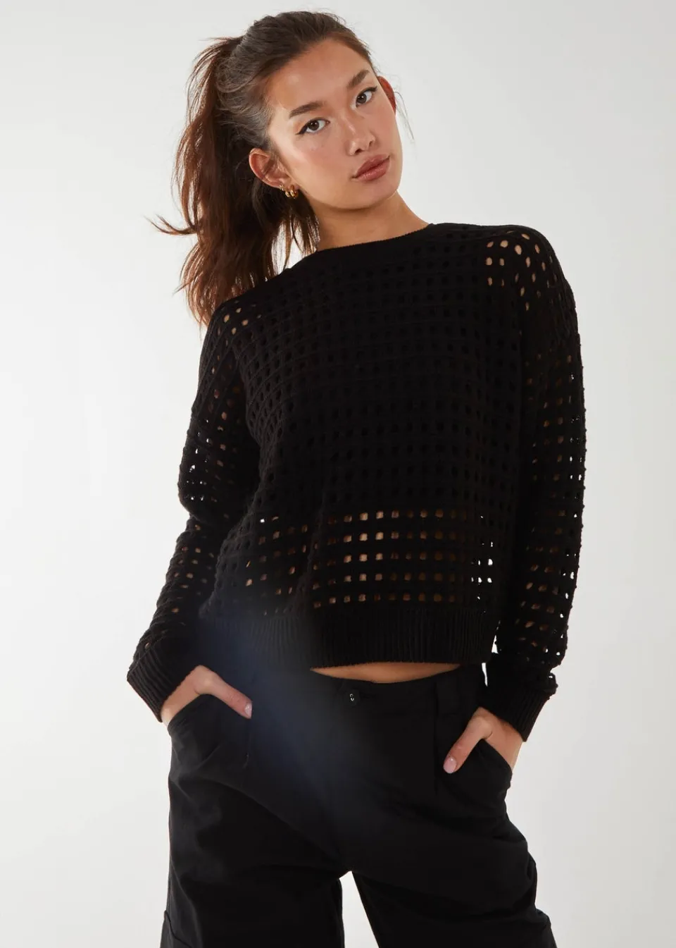Tops>Pink Vanilla Black Crochet Knitted Sweater