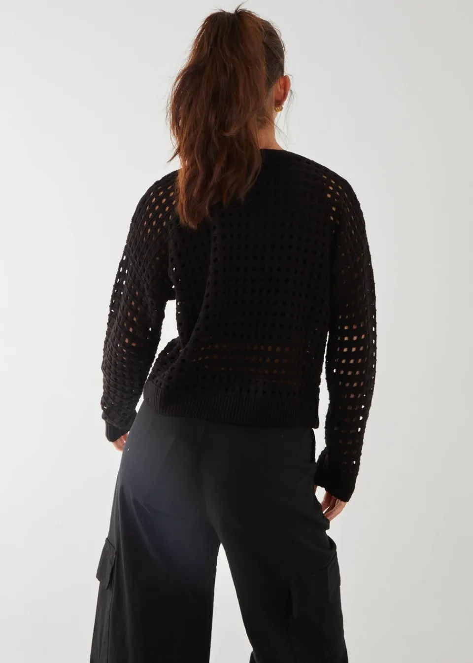 Tops>Pink Vanilla Black Crochet Knitted Sweater