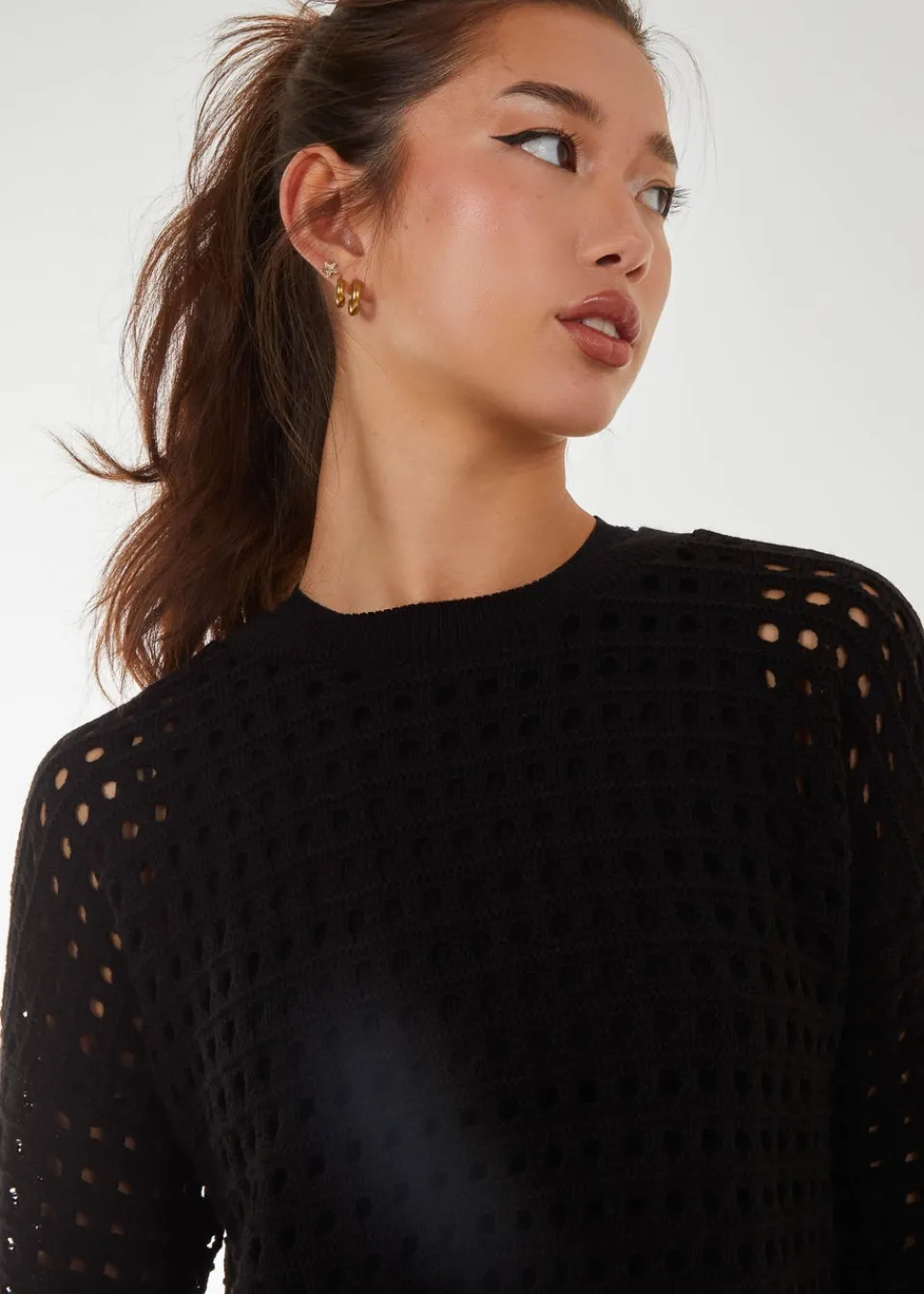 Tops>Pink Vanilla Black Crochet Knitted Sweater