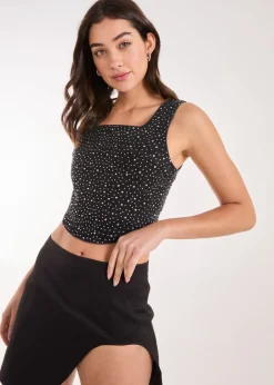 Tops>Pink Vanilla Black Diamante Denim Crop Top