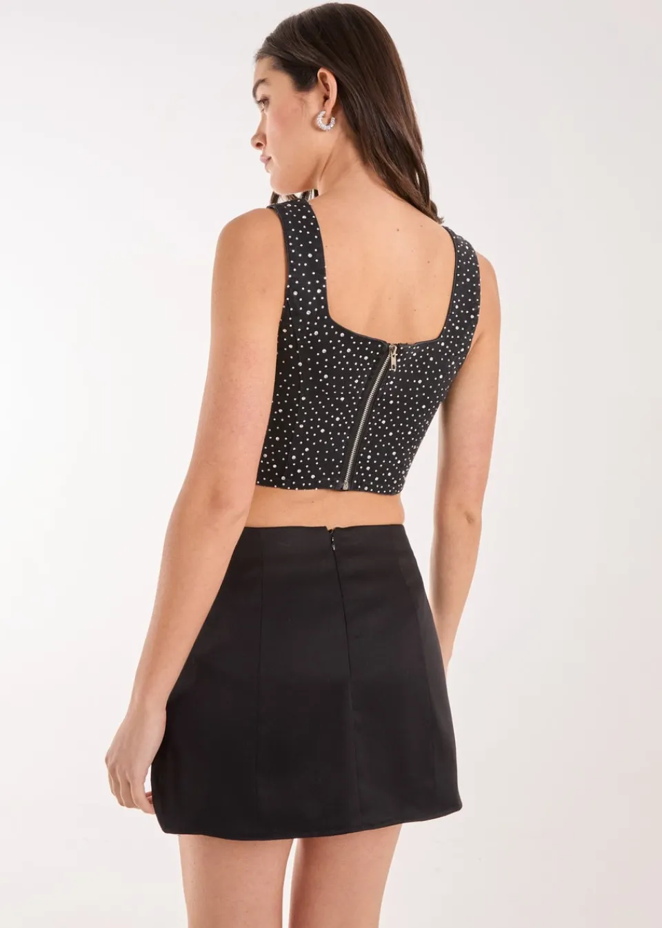 Tops>Pink Vanilla Black Diamante Denim Crop Top