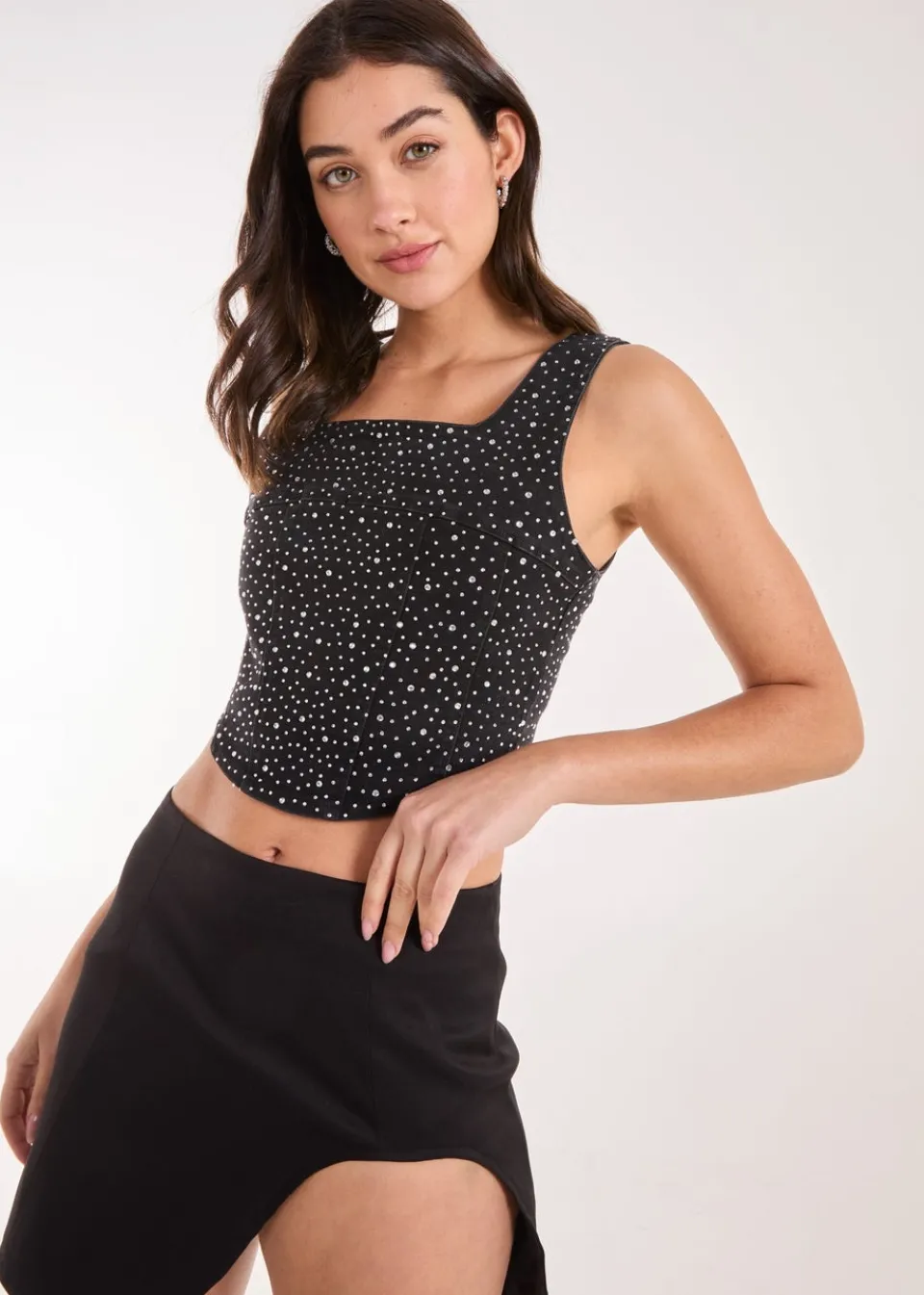 Tops>Pink Vanilla Black Diamante Denim Crop Top