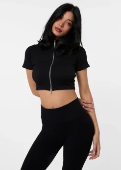 Tops>Pink Vanilla Black Double Zip Short Sleeve Rib Top